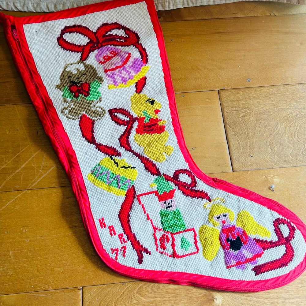 Vintage needlepoint Christmas stocking red velvet zipper gingerbread bear angel